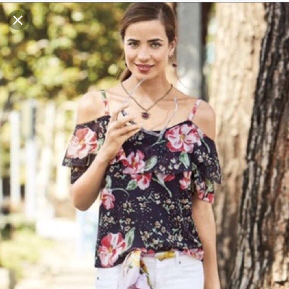 CAbi Navy Floral Cold-Shoulder Blouse